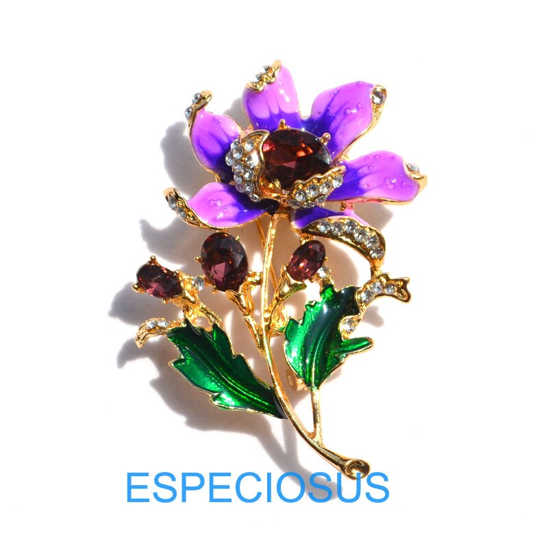 Elegante Pin Goud Kleur Vrouwen Paarse Kleur Bloem Strass Borst Pin Accessoires Sieraden Geschilderd Metalen Broche Kledingstukken