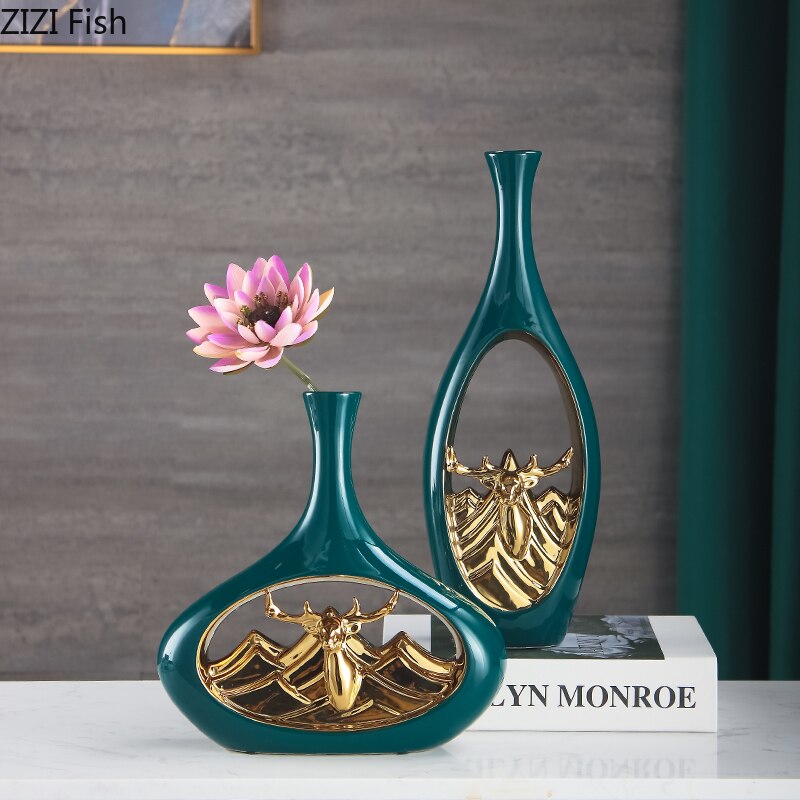 Vase en céramique nordique décoratif tête de cerf Vase doré Arrangement de fleurs florales creux porcelaine fleurs insérer décor à la maison moderne