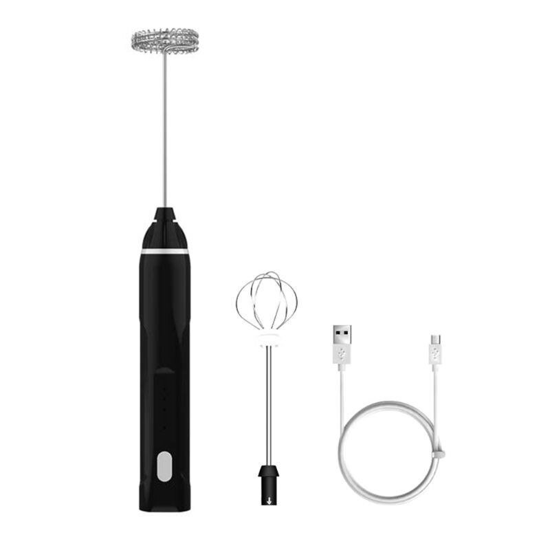 USB Rechargeable Milk Frother Mixer 2 Whisk Handheld 3-Speed Milk Foamer: Black