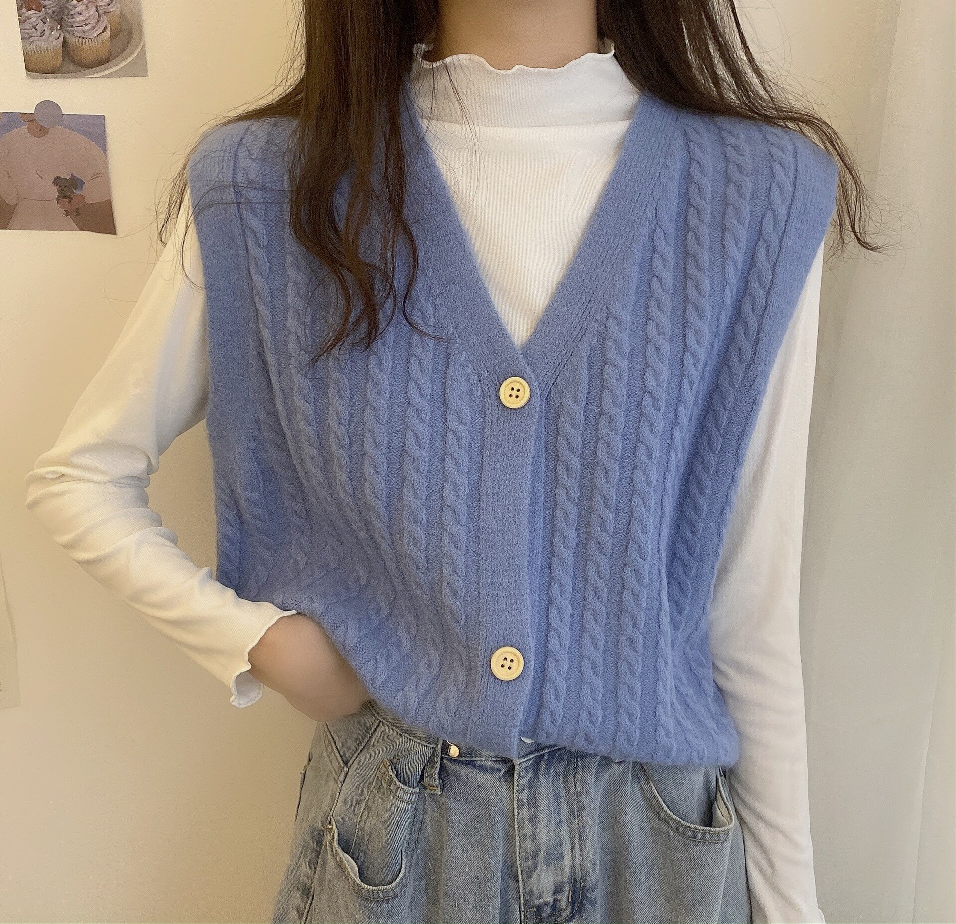 Women's Knitted cardigan vest sweater cardigans for winter clothes women sleeveless sweater female roll collar: Blue vest