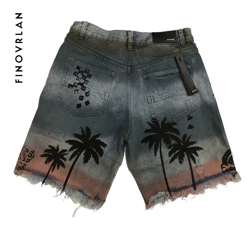Mens jeansshorts vanliga hiphop knälånga shorts med korta hål för män sommar hawaii kokosnöt träd shorts