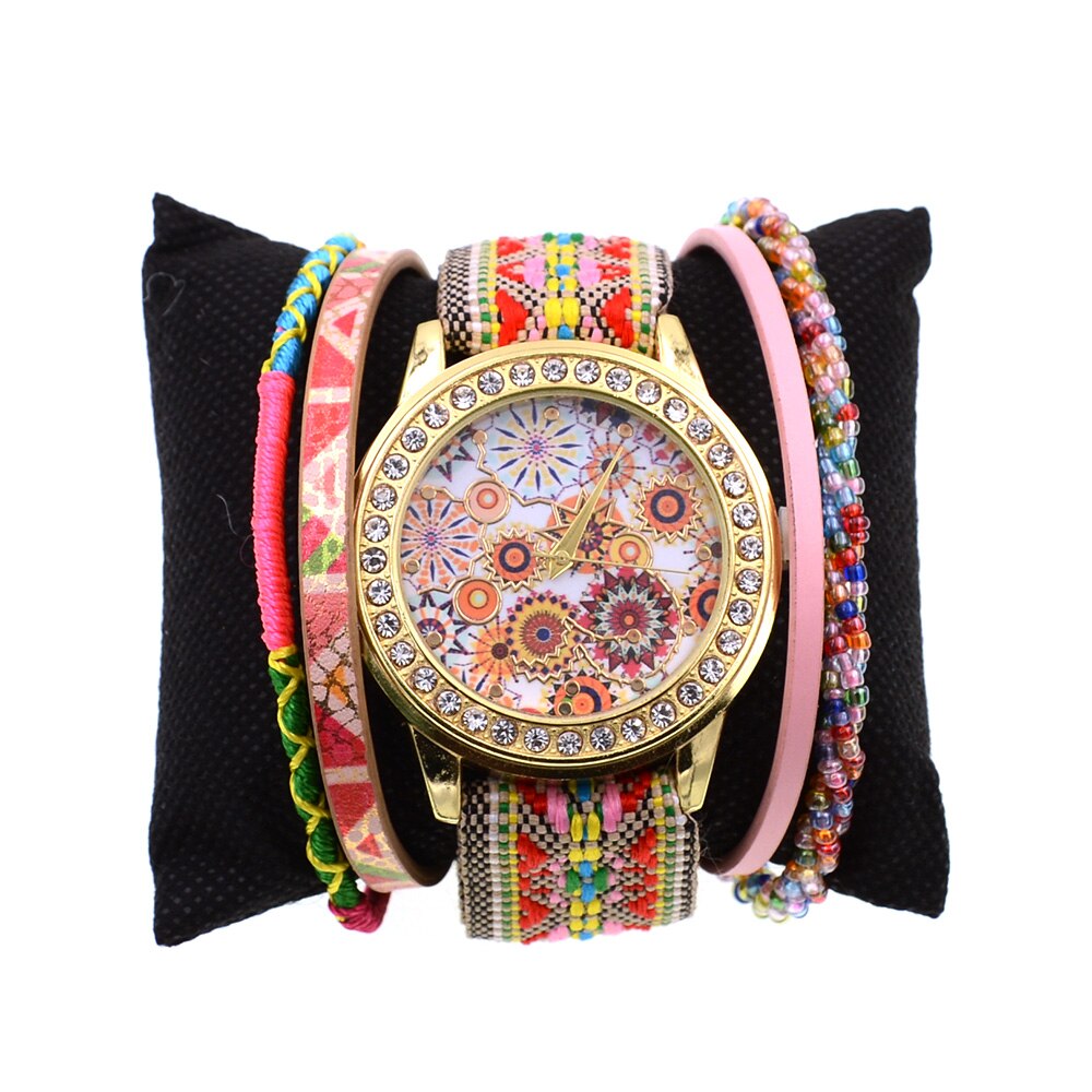 Wellmore stijl bohemien kleurrijke kralen met leren armband horloge & casual quartz polshorloges voor vrouwen