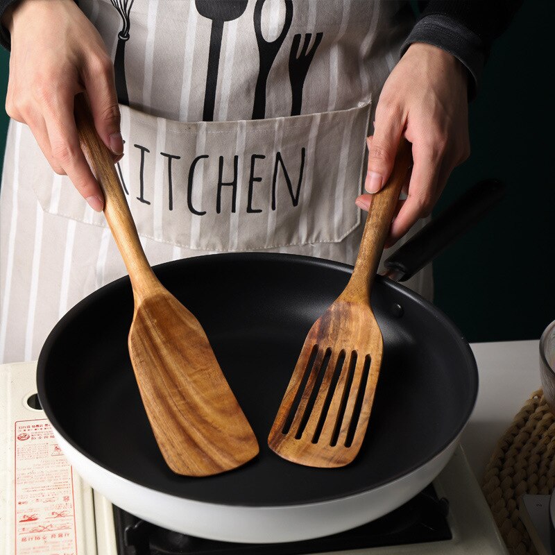 Teak Spatula Long Handle Solid Wood Leaky Spatula Acacia Wood Household Non-stick Frying Pan Spatula Kitchen Tools