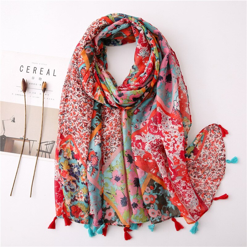 Foulard à pompon en coton pour femme, écharpe en lin à fleur, paréo pour la plage, Hijab, écharpe d'été,: 4