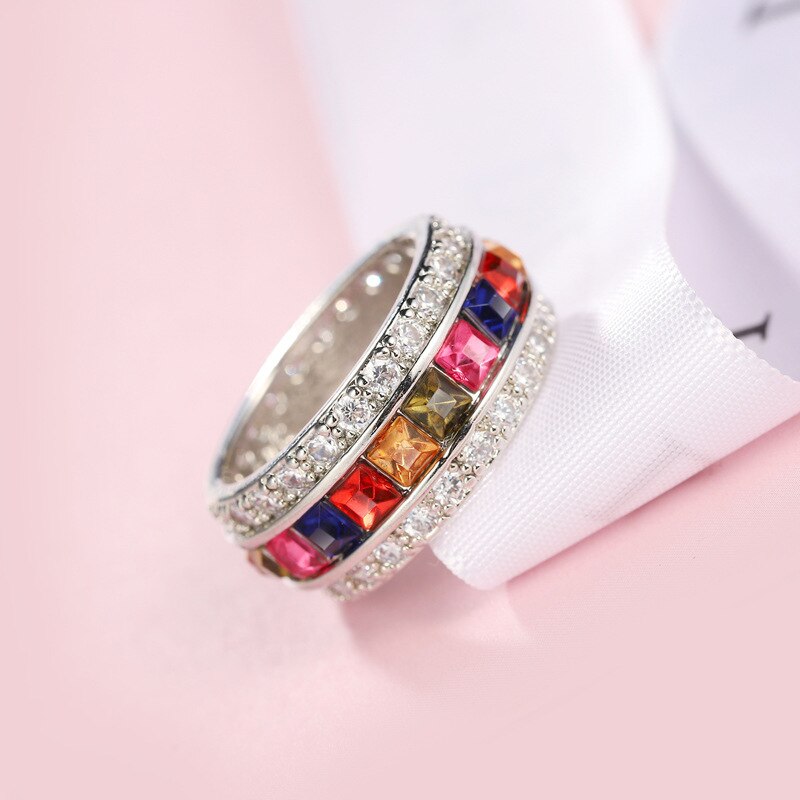 Luxury Jewelry Rings For Women Princess Cut 12 CT Multi Zircon Silver Color Engagement Anillos Wedding Crown Ring Party