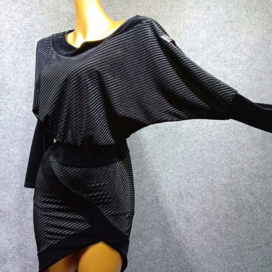 Long Sleeve V Neck Stripped Latin Dance Dress Dancing Performance Women Dress Ballroom Samba Tango W279