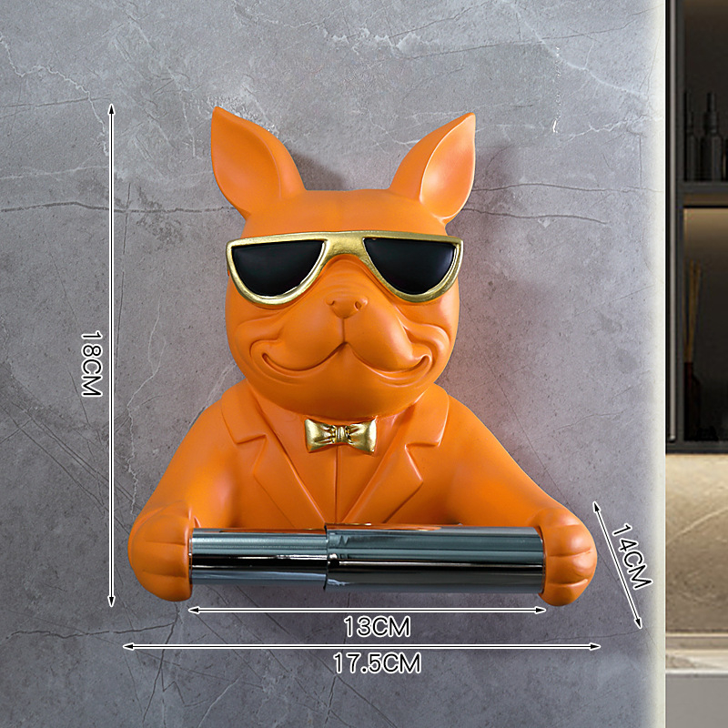 Resin Bulldog Figurine Roll Paper Tube Kitchen Bathroom Wall Hanging Perforated Multifunctional Tissue Holder: DARK GRAY