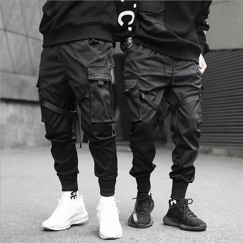 Rubans Sarouel Jogging Pantalon Cargo Homme Streetwear Hip Hop Décontracté Poches Pantalons De Survêtement En Coton Hommes Harajuku Pantalons