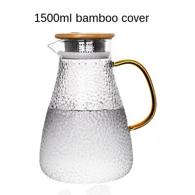High Capacity Glass Water Jar Juice Lemonade Jug Flower Tea Pot /Cold Water Pitcher Heat-Proof Transparent Office Teapot: 1500ml bamboo cover