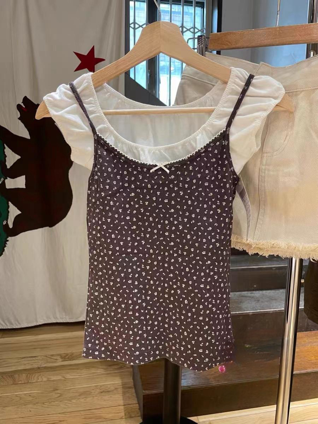 Jahrgang braune Blumen schleife Ernte oben Frauen Sommer Baumwolle ärmellose Aushöhlung Westen Kleidung amerikanische süße schlanke Tanktops y2k