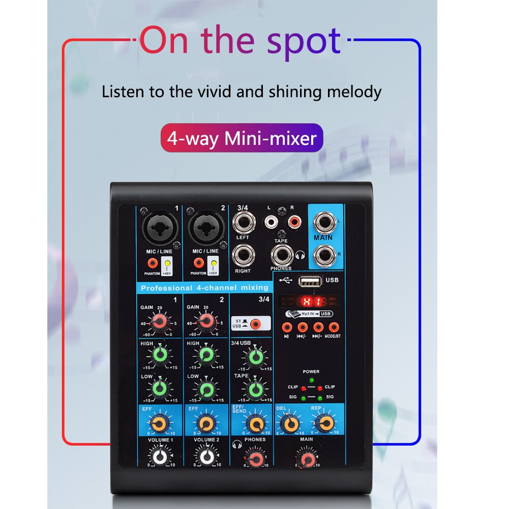 4 Channels Mini Mixer Studio Sound Mixing Console Karaoke Stereo Portable Live KTV Bluetooth Party USB Audio