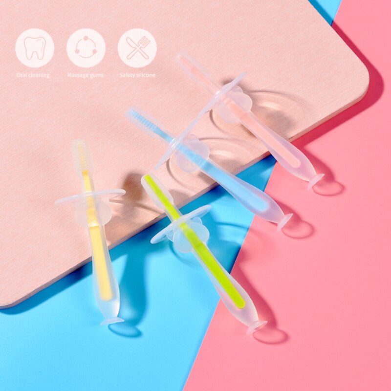 Cepillo de dientes de leche de silicona para entrenamiento de bebé, tres dimensiones con ventosa de pie, cepillo de dientes de silicona con deflector, superventas