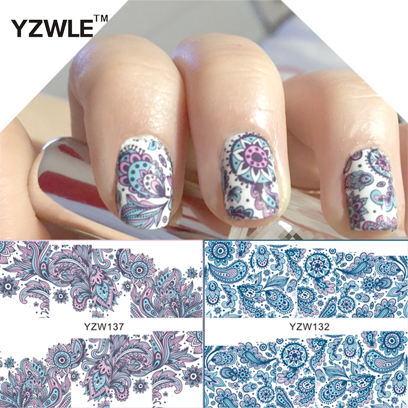 Yzwle 2 Patronen/Set Bloeiende Bloem Nail Art Water Decals Transfer Sticker Stickers Voor Nagels