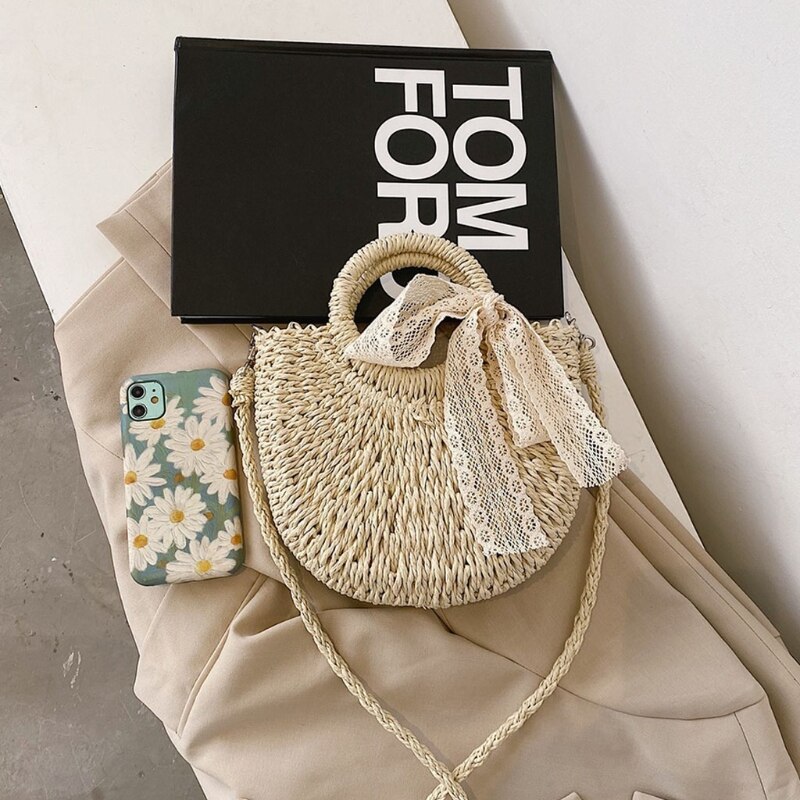 Women Straw Beach Tote Woven Summer Shoulder Bag Female Travel Vacation Casual Crossbody Handbag Drawstring Shopping Purse
