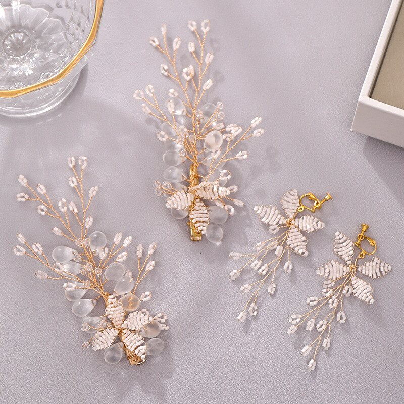 FORSEVEN Bridal Jewelry Set Shiny Crystal Hair Clip and Earring Flower Headdress Hair Clip Earring Set Wedding Jewelry Set