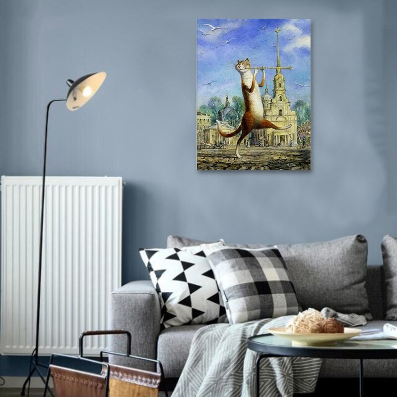 Diy Painting Paint By Numbers Cat Blowing Flute Abstract Canvas DIY Painting for Adults and Kids Without