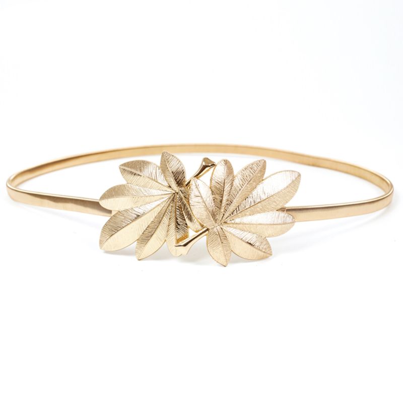 Vrouwen Bridal Skinny Tailleband Maple Leaf Vorm Metalen Gesp Glitter Effen Kleur Elastische Jurk Riem Cummerbunds Goud/Zilver: Goud