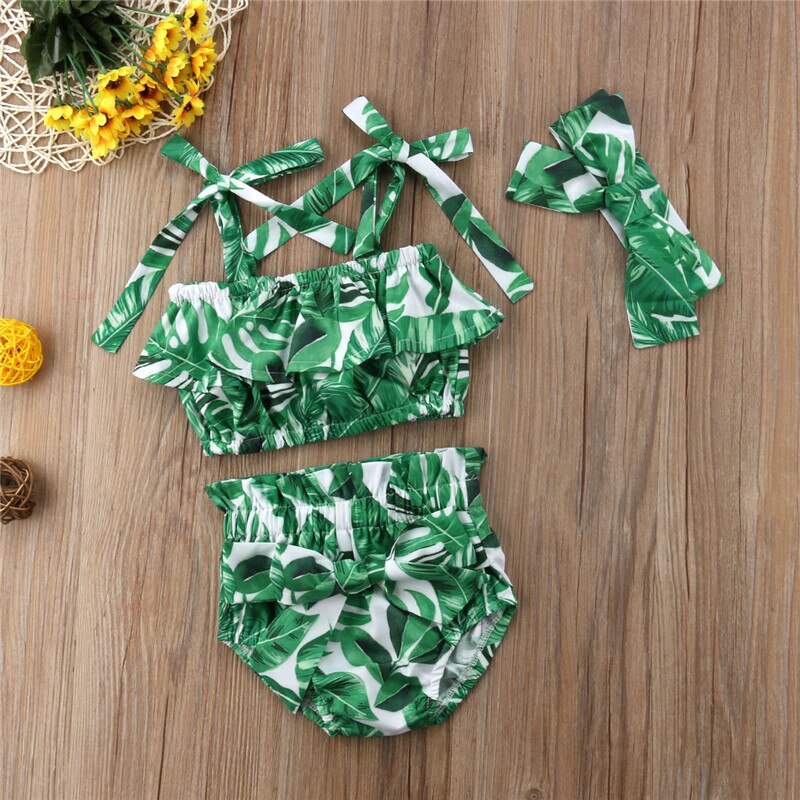 3 stuks peuter- en babymeisjesbadpak, badpak met bloemenbandjes, crop tops, shorts, hoofdband, strandset