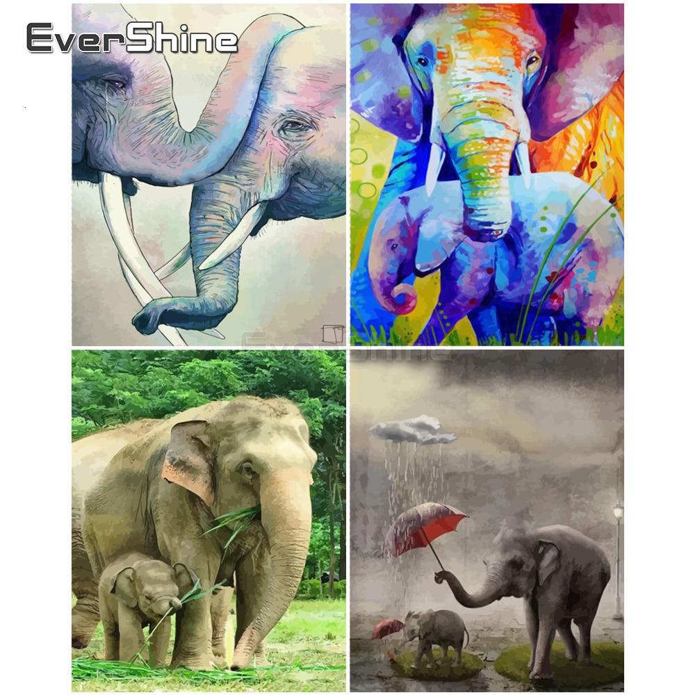 EverShine DIY Oil Painting Paint By Numbers Animals Hand Painted Wall Art Kits Drawing Canvas Elephant Home Decor