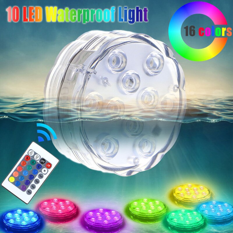 10 LED Remote Control RGB Submersible Light LED Underwater Light Battery Power Vase Bowl Garden Party Xmas Decor Lamp Waterproof