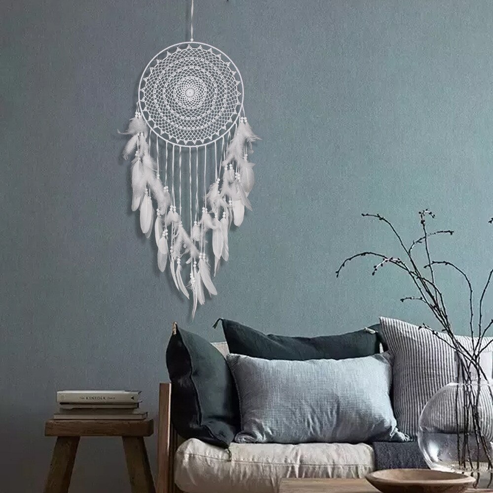 1pc stora drömfångare nordisk stil vit fjäder vindspel barnrum hemhängande dekoration bröllopsfest tillbehör 110-120cm