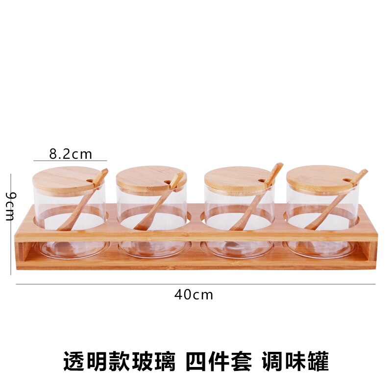 Japanese glass wood lid seasoning pot three piece seasoning box set sauce bottles sugar salt chili cans caster wooden shelf