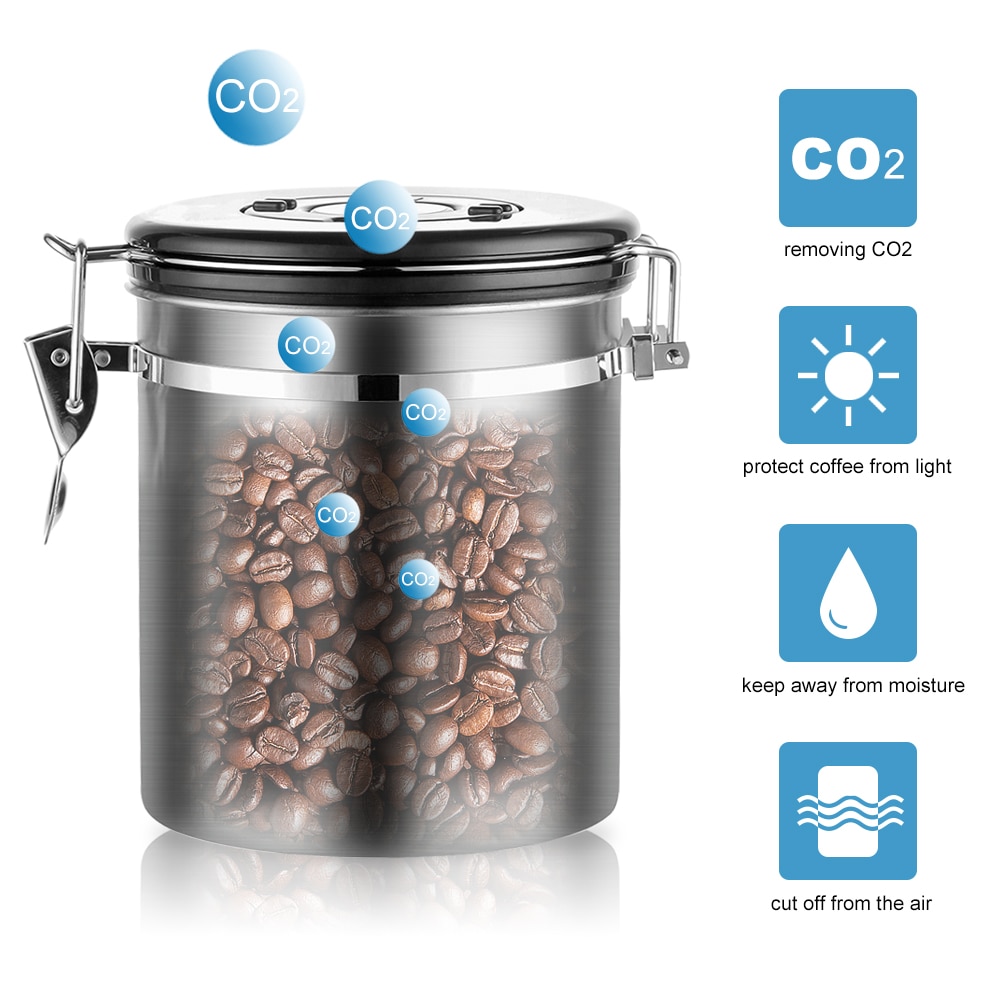 1.5/1.8l kaffebeholder med scoop lufttæt kaffebeholder rustfrit stål opbevaringsbeholder sæt til kaffebønner te