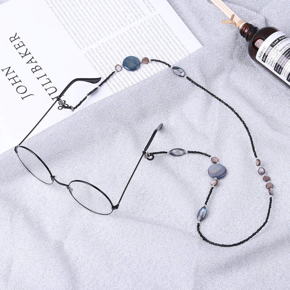 Leesbrilketting voor dames, schelpen kralen zonnebrilkoorden, kralen brillenkoord, bevestigingsriemen, zwarte brillenhouder