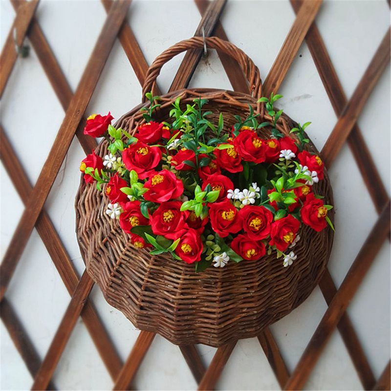 Kunstige blomster veggmontert kurv vegghengende plante potter flettet veggkurv hengende planter til hage bryllup vegg hjem