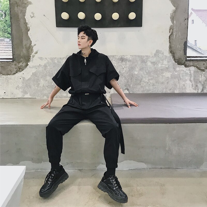 Retro Short Sleeve one-piece suit hip hop one-piece street work clothes hip-hop men's wear leg nine-point trousers