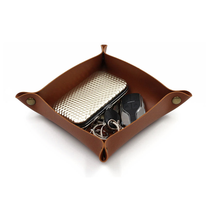 Leather Tray, Small Catchall Tray, Foldable Jewelry Travel Organizer, Suitable for Travel, Storage, Nightstand, Home or Office: L / Dark Bown