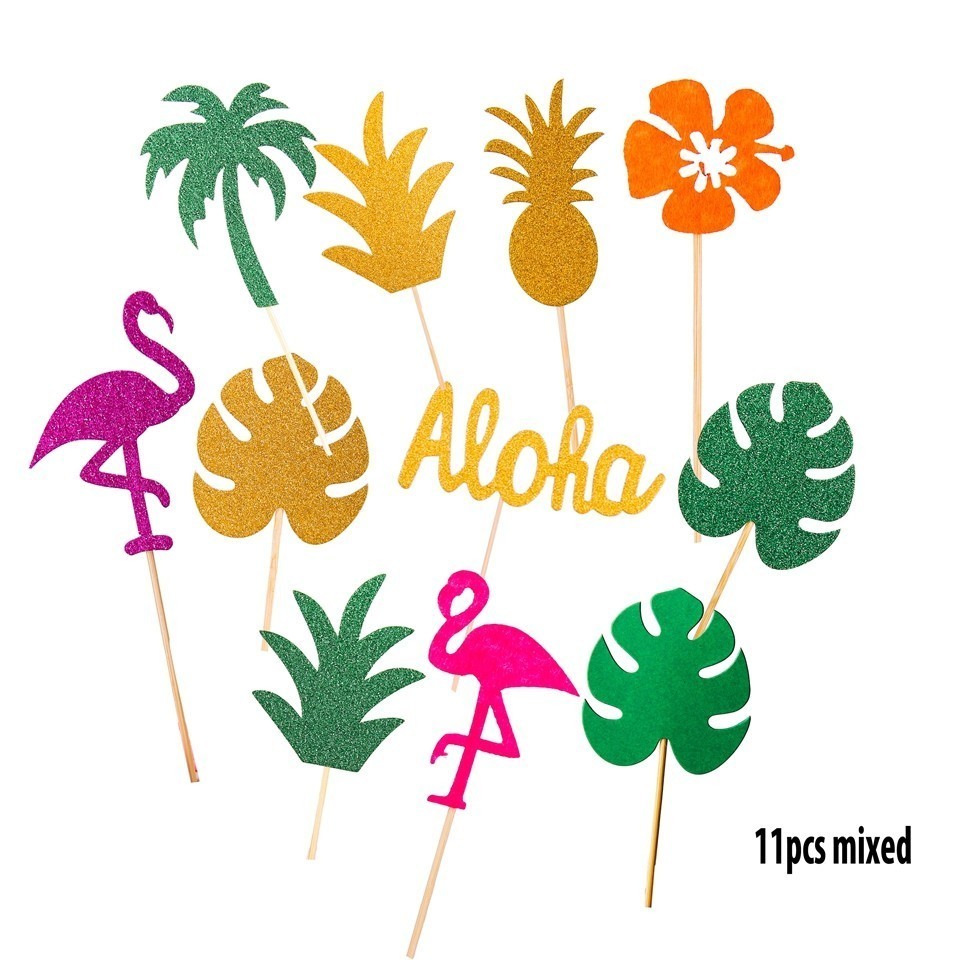 Toppers de Cupcake en forme de palmier, 1 ensemble, flamand rose, ananas, Aloha, décorations pour fête de piscine d'été, mariage, anniversaire, réception pour bébé: 11pcs Mix types