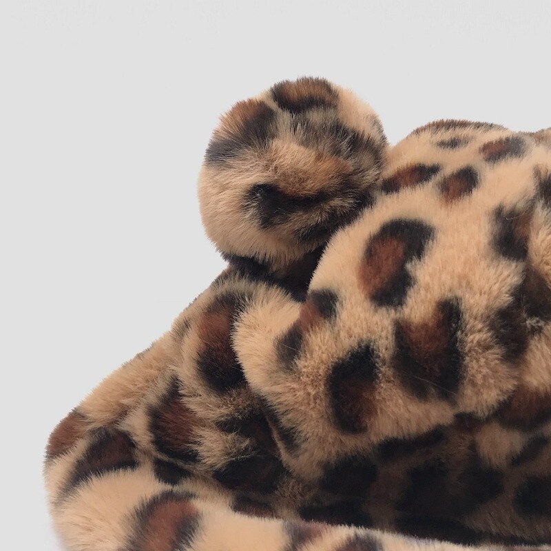 Vinter leopard bjørn øre spand hat kvinder tyk varm imiteret pels fiskekasketter bob piger plys blød panama vinter hat