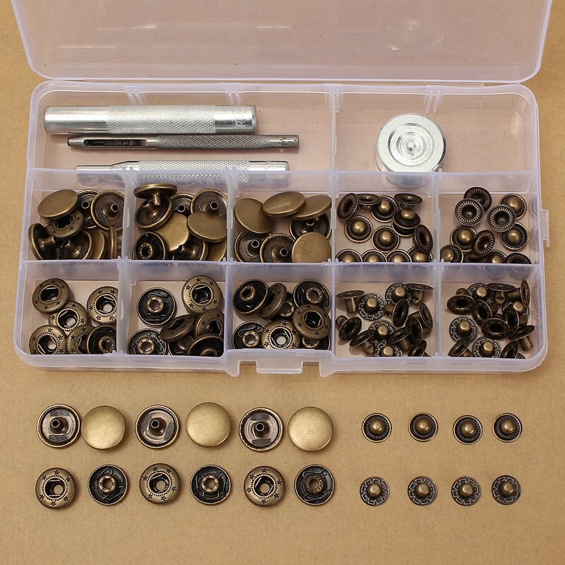 KiWarm On 30 Sets 15 mm Antique Brass Snap Fasteners Popper Press Stud Button Leather Tool Kit Material+ Hand Tool Set