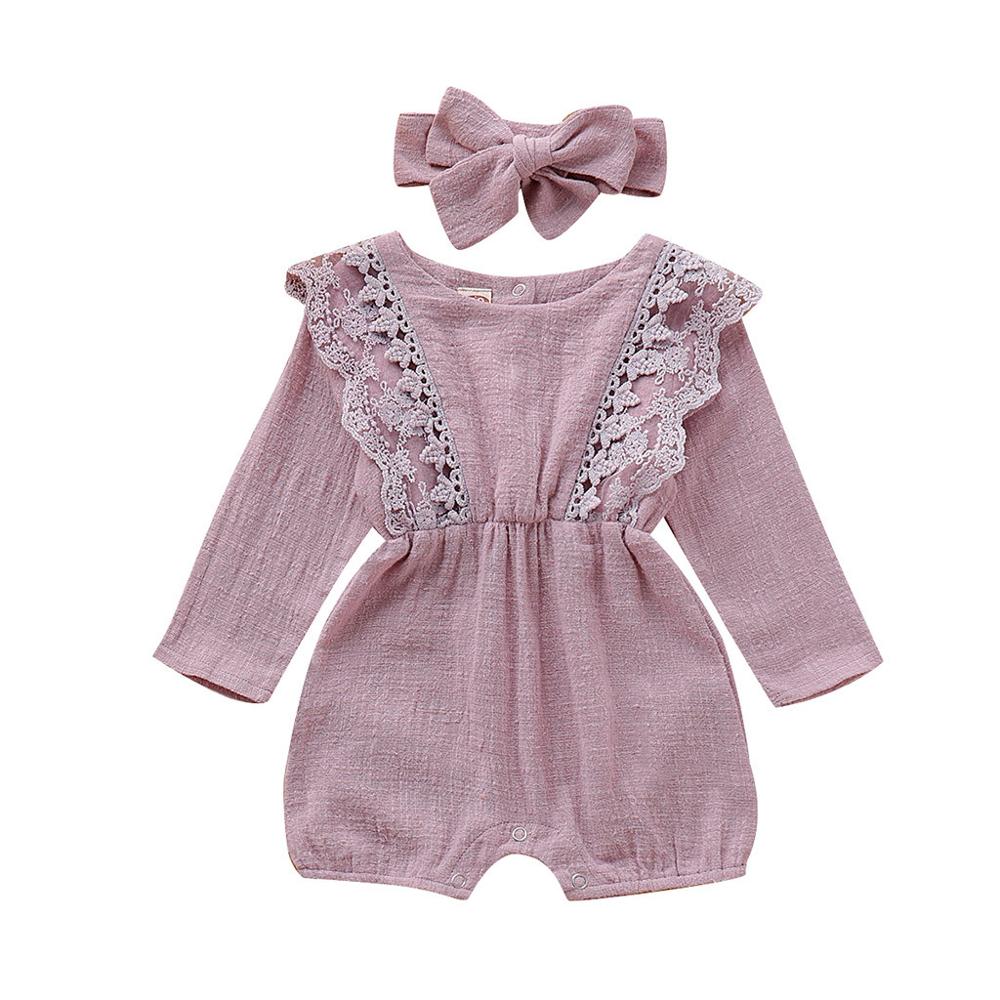 Autumn Winter Toddler Newborn Kids long sleeve lace Romper Infant Baby Girls Romper Jumpsuit Clothing Outfits Hair Band Outfit: Lavender / 6M