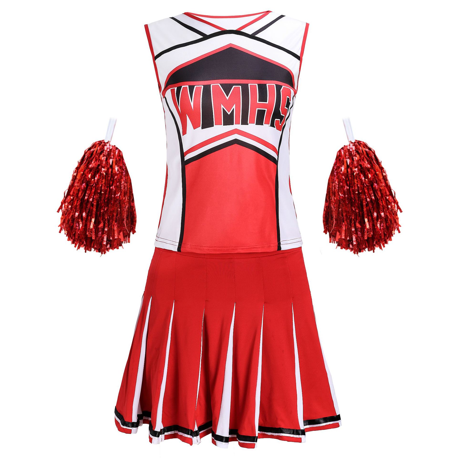 Sexet baby pige cheerleader kostume kvindelig dans kostume cheerleading dragter form cheerleader uniform: Rød med pom poms