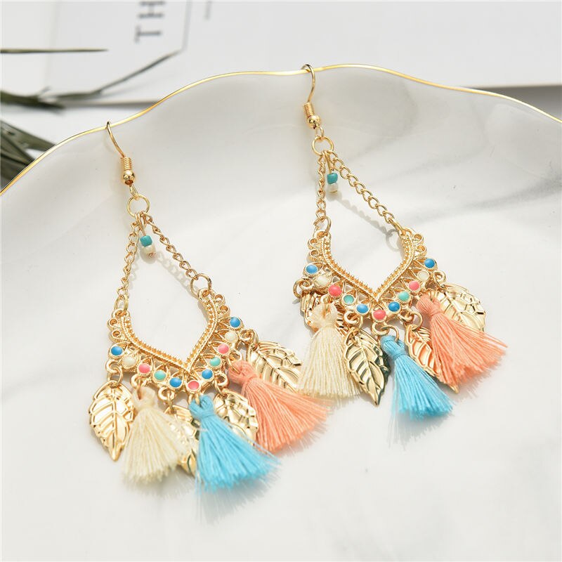 Women Earrings Trend Bohemian Gold Color Alloy Leaf Tassel Dangle Earrings Korean Jewelry