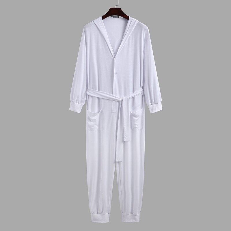 Leisure Solid Jumpsuits Sleepwear INCERUN Men Long Sleeve Buttons Hooded Drawstring Rompers Nightgown Loose Pockets Homewear 5XL: White / XXL