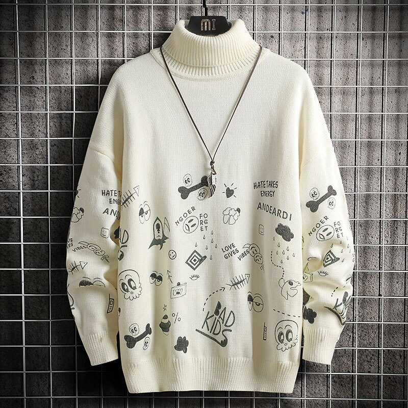 Singleroad herr polotröja herr vinter harajuku koreansk tröja höghalsad oversize polotröja vit tröja herr: Vit tröja män / Asiatisk-m
