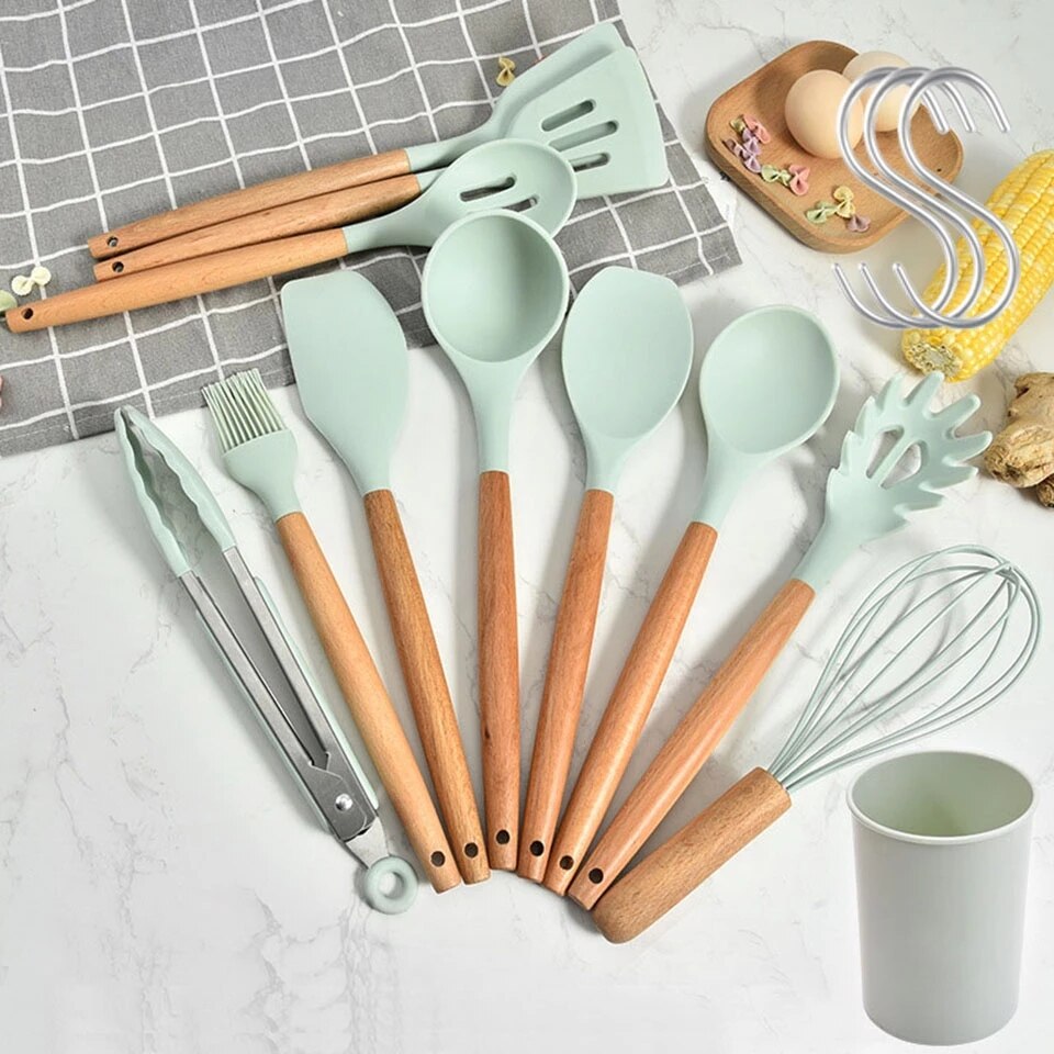 9/10/11/12PCS Kitchen Cooking Tools Set Silicone Utensils Set Turner Tongs Spatula Soup Spoon Non-stick Shovel Oil Brush