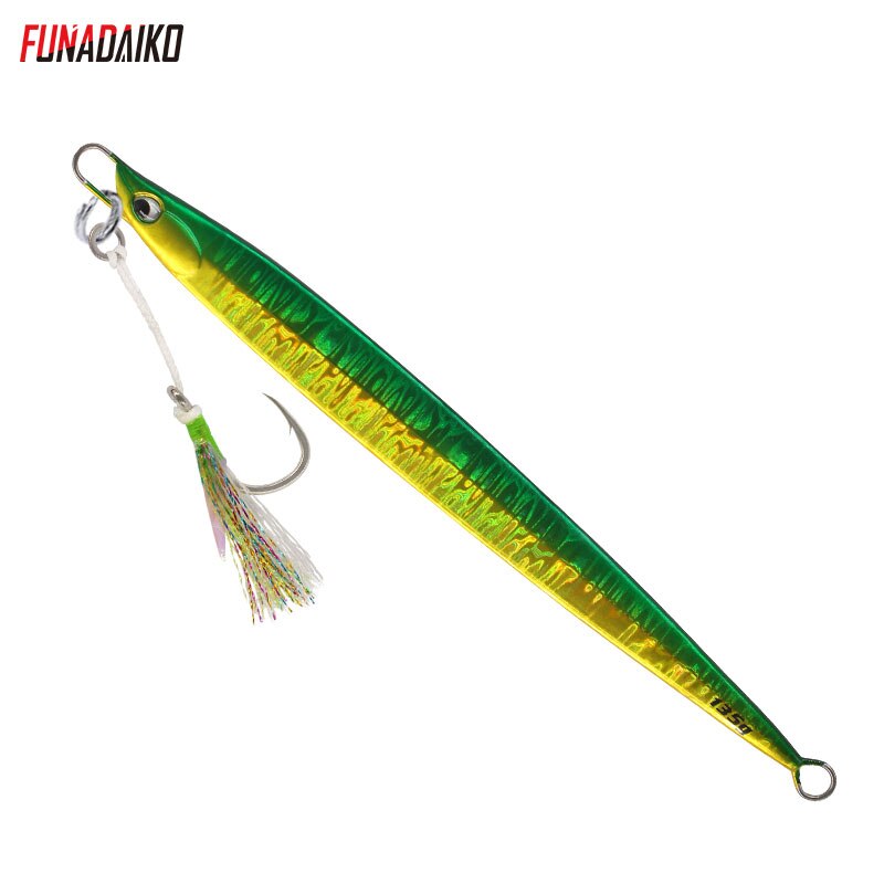 Funadaiko jigging lokke 80g 100g 135g jig agn metal jig lokke fiskeri lokke jig langsom jig fiske jig med 5x hjælpe kroge pesca: Guld grøn laser / 100g