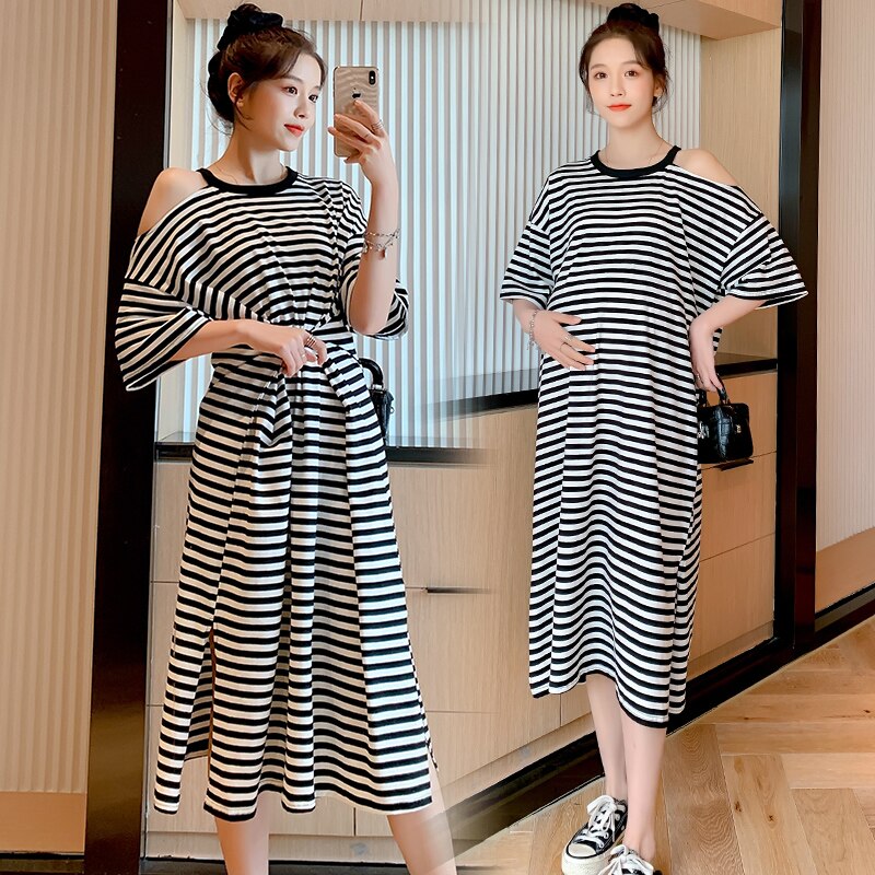 001# Summer Casual Striped Maternity Long Dress Large Size Loose Nursing Clothes for Pregnant Women Chic Shoulder Off Pregnancy