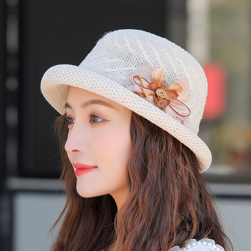Sombreros de sol de verano para mujer y niña, sombrero de playa con flores, informal, de paja, domo plano, gorra de lavabo, hueso femenino,