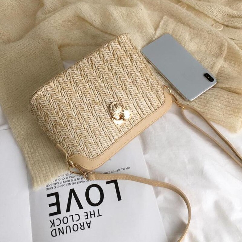 Kvinnor halmväska vävd crossbody snygg chic pu läder boho shopping strand bambu kvinnliga damer skal axelväska