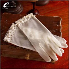 Gants de mariage courts, Glamour, blanc ivoire, longueur au poignet, Appliques en dentelle, paillettes, perles, mitaines de mariée, accessoires de mariage