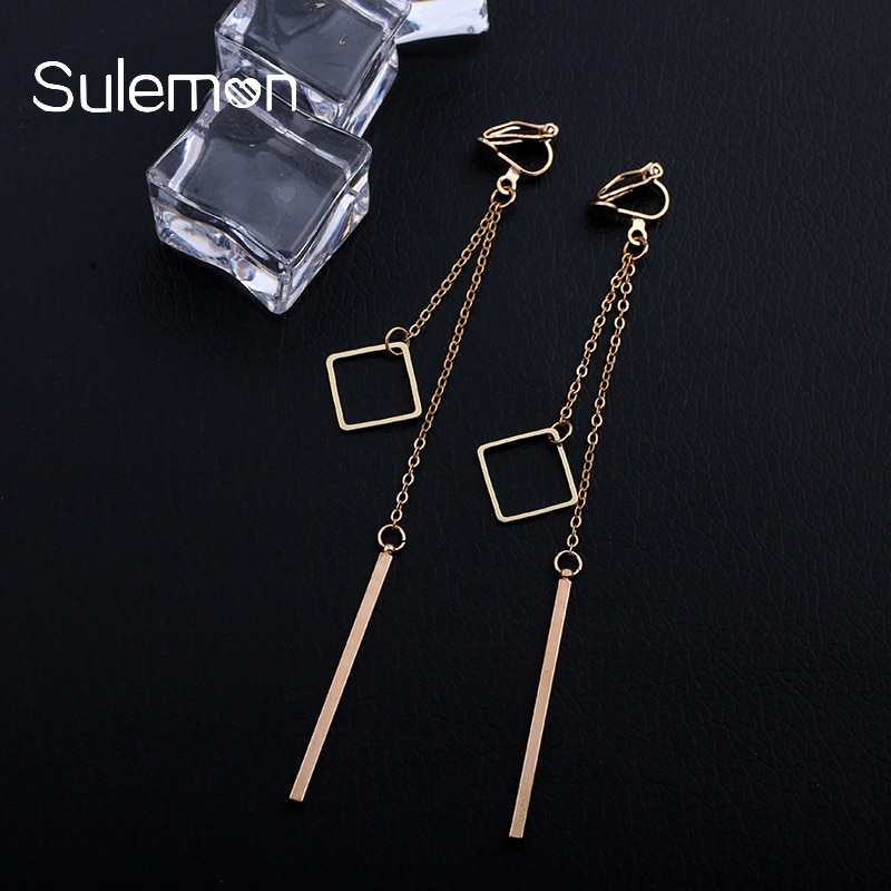 Metal Double Pendant Clip On Earrings Women Girl No Ear Hole Pending Long Earrings Simple Style geometric Jewelry CE38