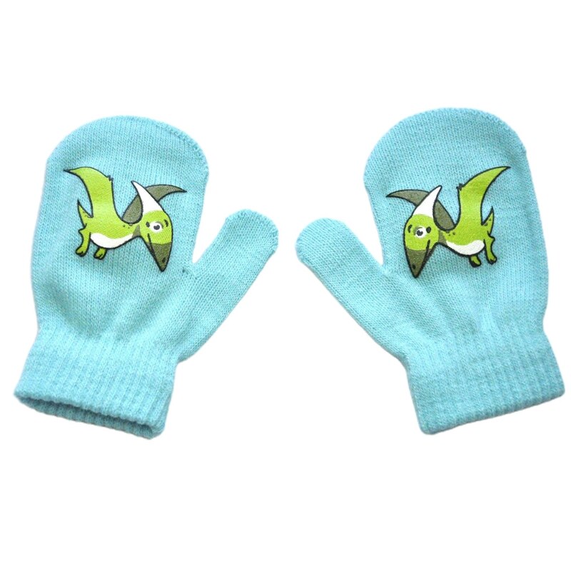 Guantes elásticos de invierno para niños pequeños, manoplas de tejido cálido con estampado de dibujos animados de dinosaurios, de 1 a 5 años: Light Blue