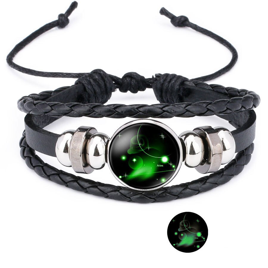 12 zodiac Glow in The dark Teken Armbanden Voor Vrouwen Mannen constellation Drukknoop charm Leather Rope Bangle Mode-sieraden: Aries