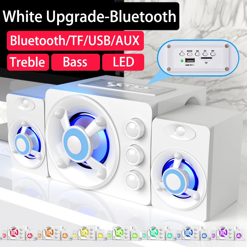 Hifi 3d stereohøjttalere farverig led kraftigt lys aux usb kablet trådløs bluetooth lyd hjemmebiograf surround sound bar tv: Gennemsigtig