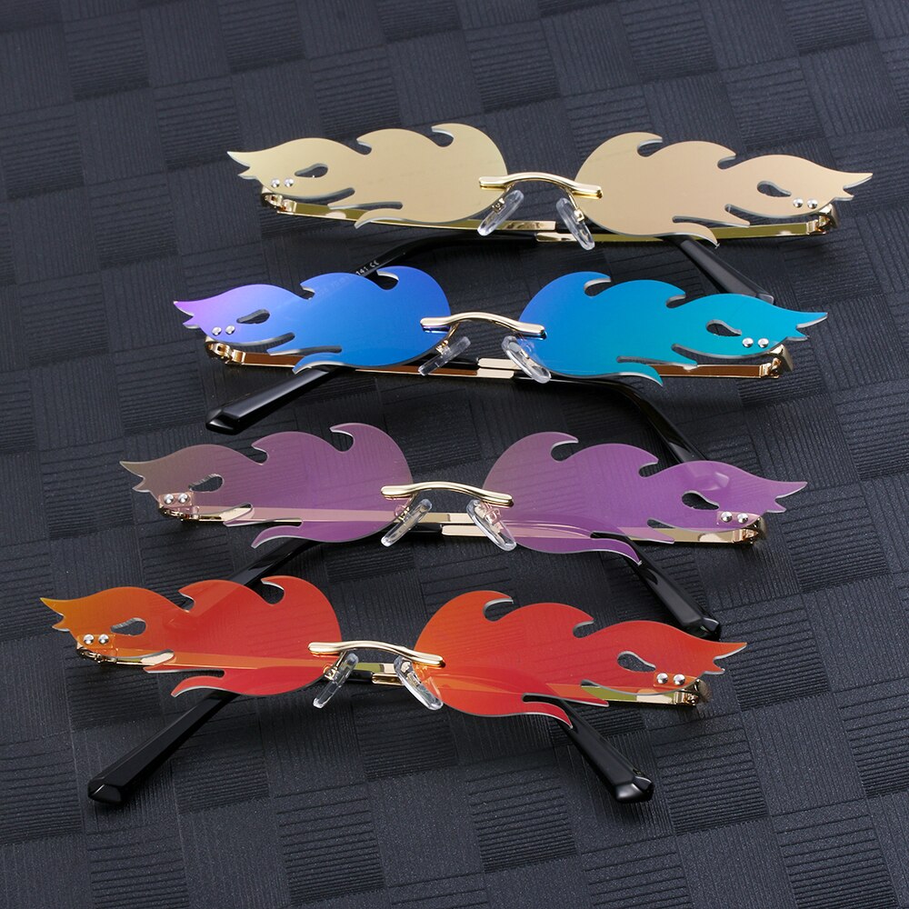 Punk zonnebril streetwear vleermuisvormige zonnebril dames randloos echte film lens  uv400 heren retro vuur vlam